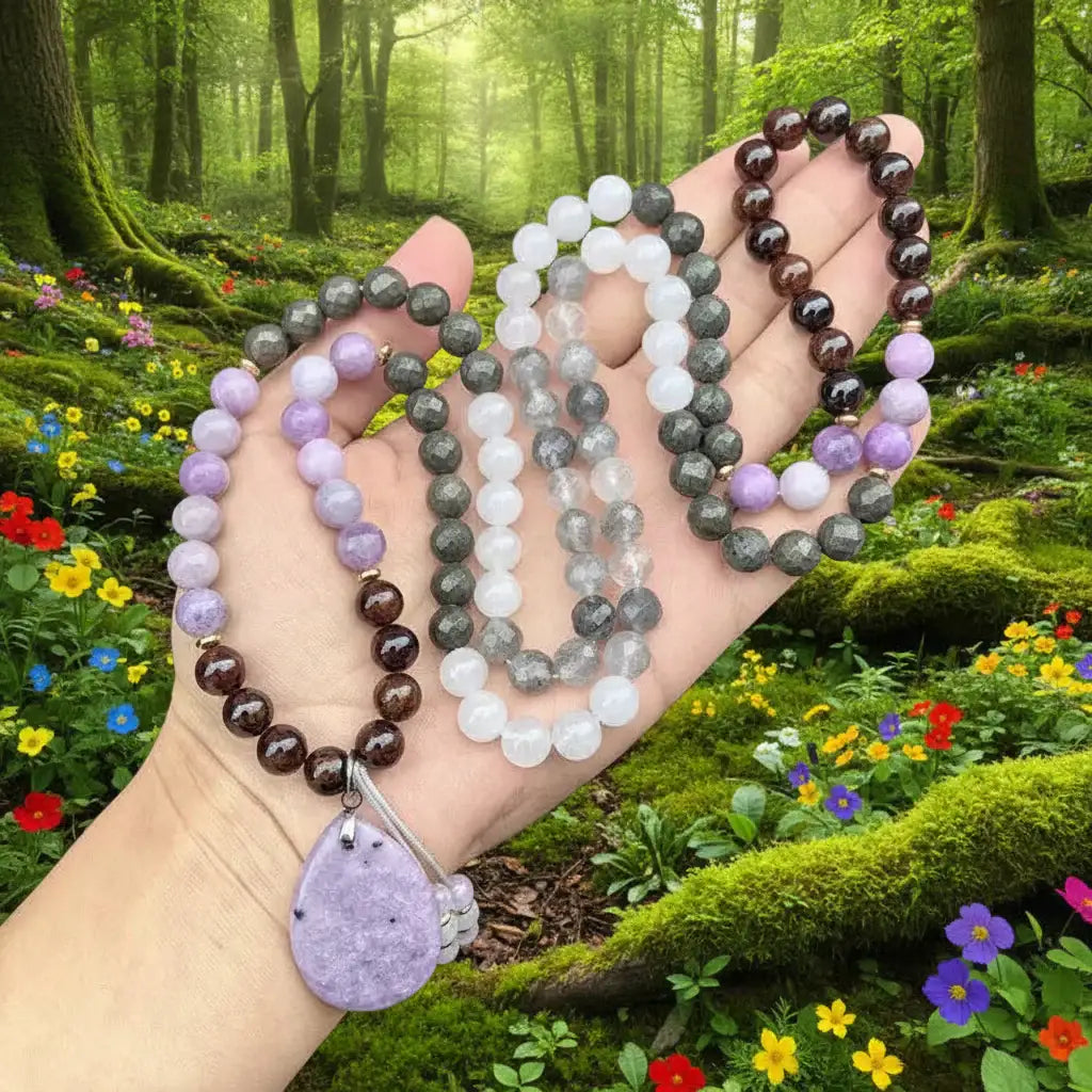 Lepidolite Pyrite Garnet Mala Necklace