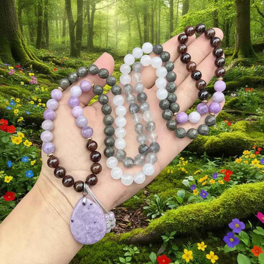 Lepidolite Pyrite Garnet Mala Necklace