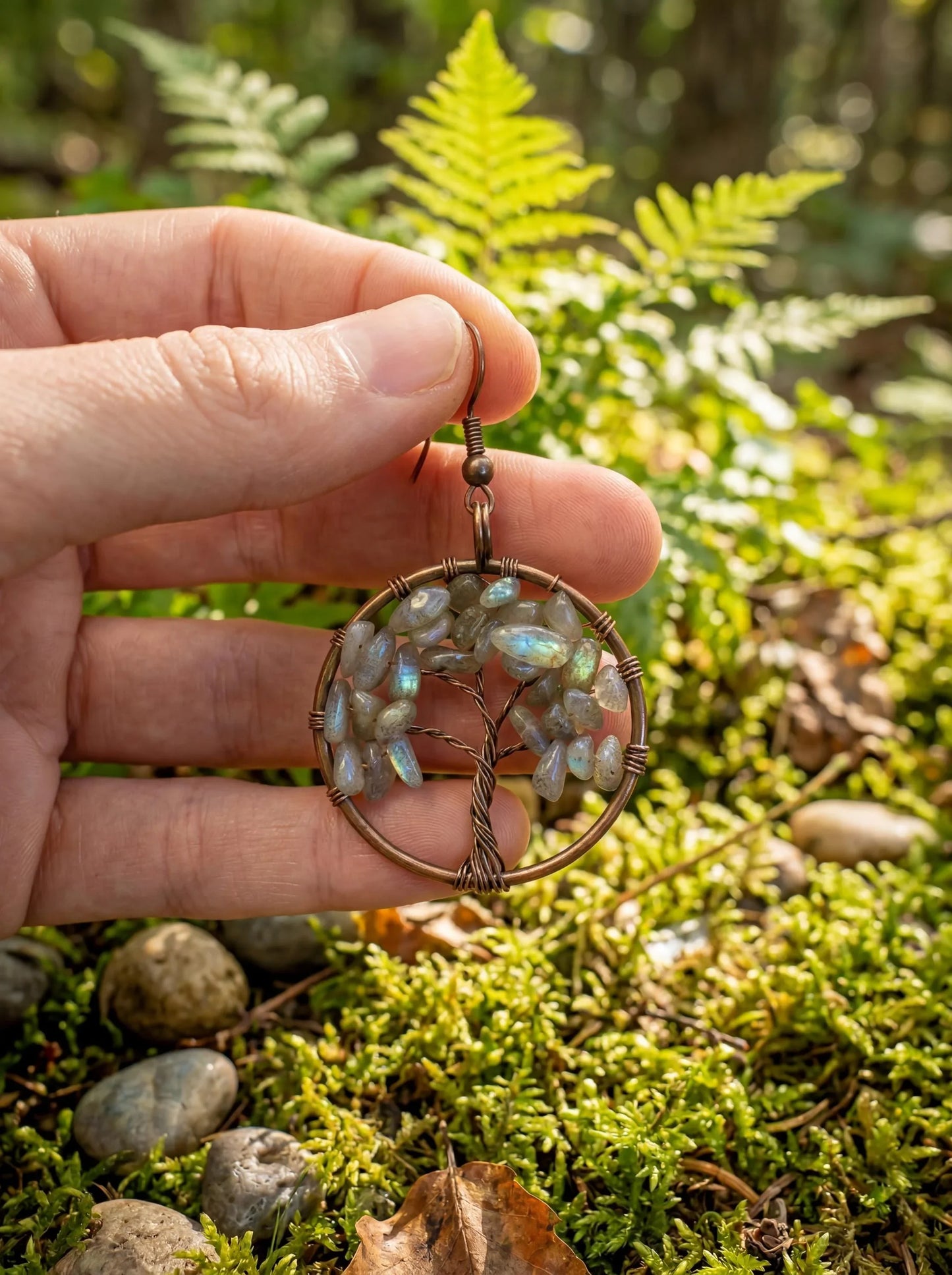 Wire Wrapped Tree of Life Earrings – Labradorite Boho Dangle Earrings – Handmade Crystal Jewelry Gift for Her