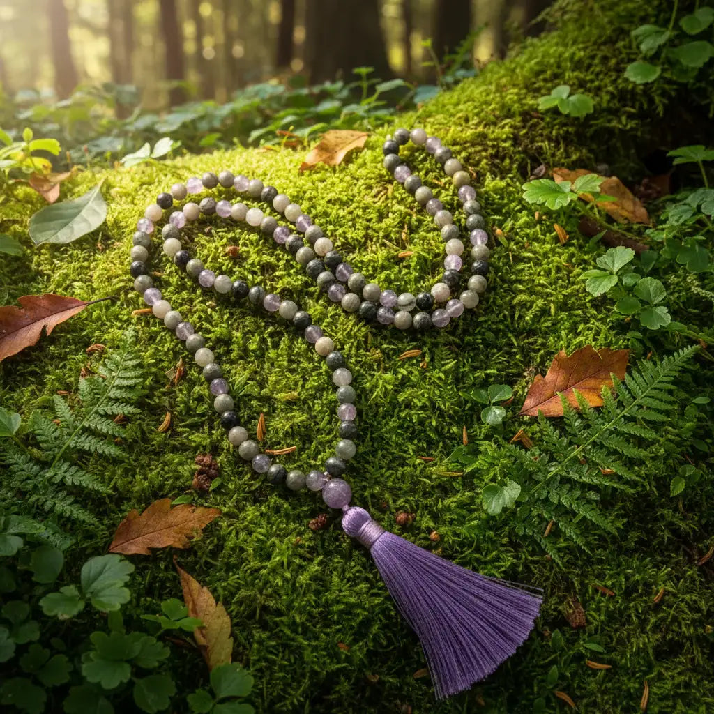 Labradorite  & Grey Agate Mala Bead Necklace: Knotted Mala Necklace