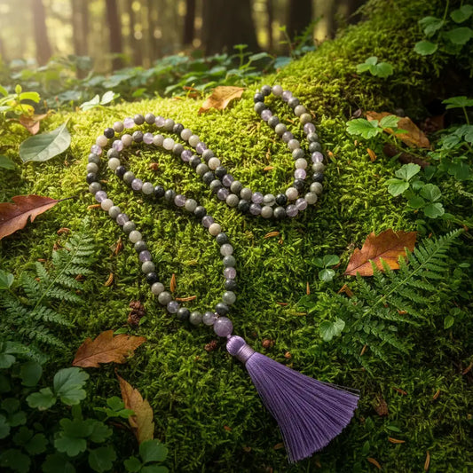 Labradorite  & Grey Agate Mala Bead Necklace: Knotted Mala Necklace