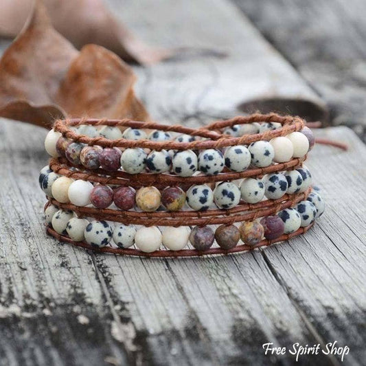 Dalmatian Jasper & Red Jasper Leather Bead Wrap Bracelet