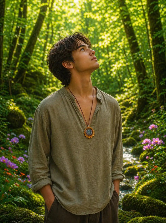 Man wearing pinecone pendant necklace in forest with wildflowers