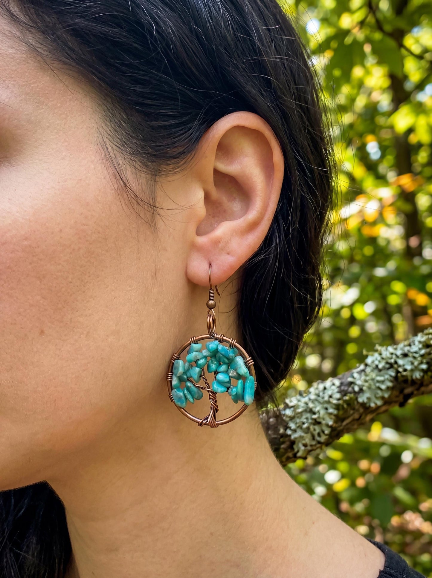 Wire Wrapped Tree of Life Earrings – Turquoise Boho Dangle Earrings – Handmade Gemstone Jewelry Gift for Her
