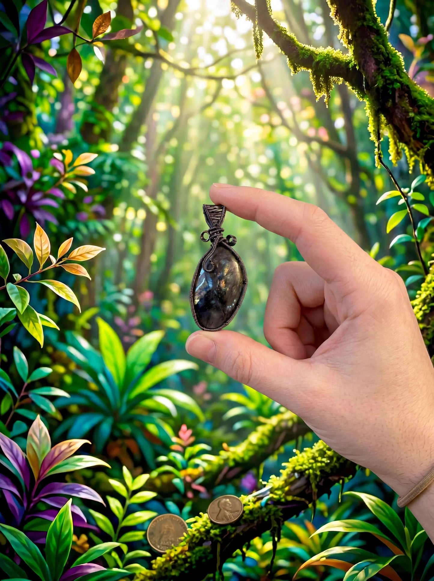 Hand holding wire-wrapped pendant with dark resin in sunlit forest, showcasing nature-inspired jewelry design.