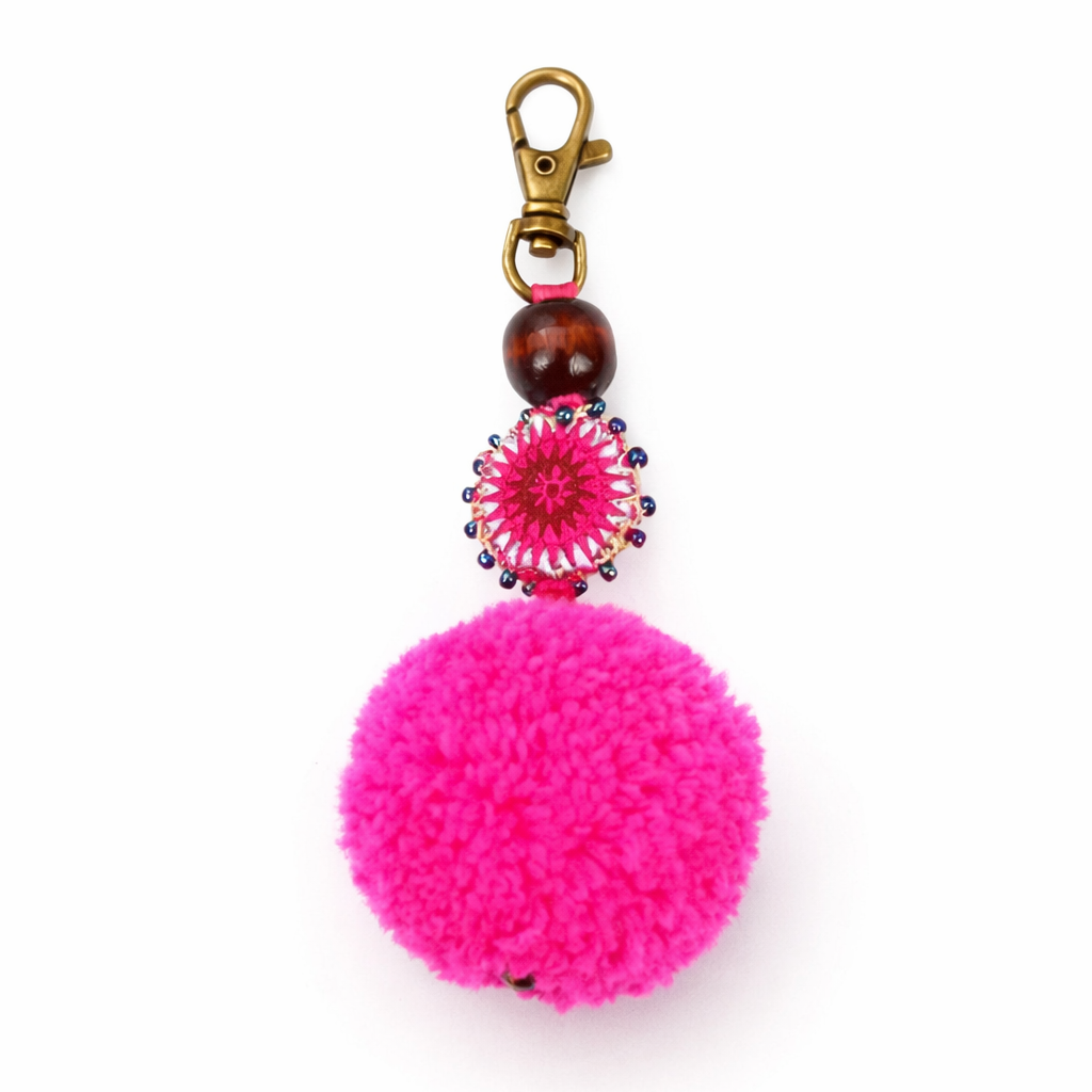Pom Pom Zipper Pull Keychain Boho Bag Charm Lobster Clasp Fair Trade - Thailand