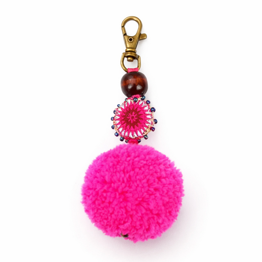 Pom Pom Zipper Pull Keychain Boho Bag Charm Lobster Clasp Fair Trade - Thailand