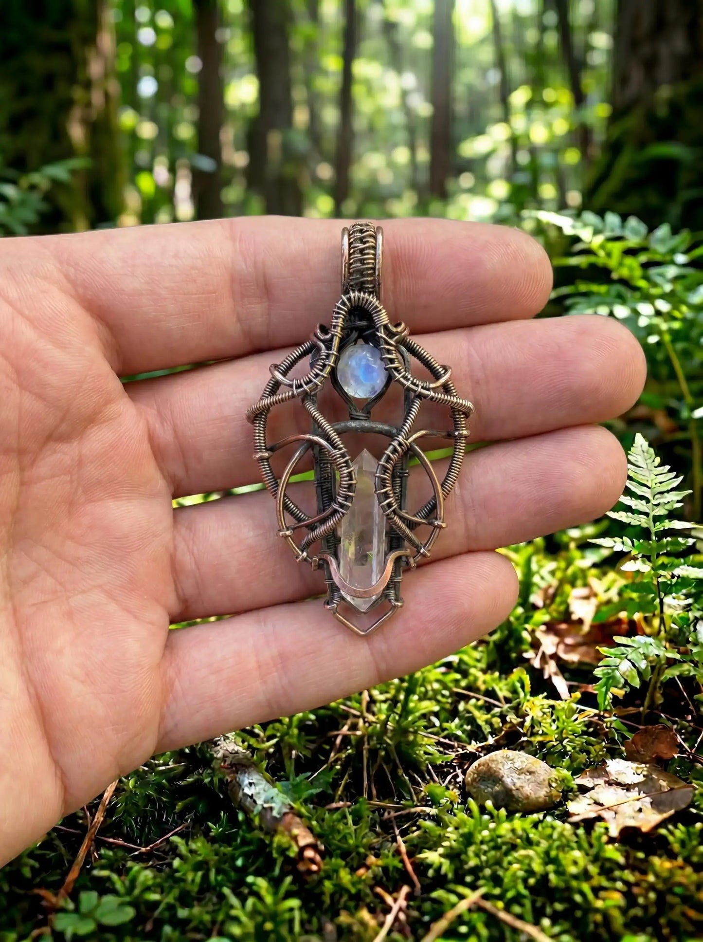 Wire Wrapped Crystal Pendant | Steampunk Forest Arcane Talisman Necklace