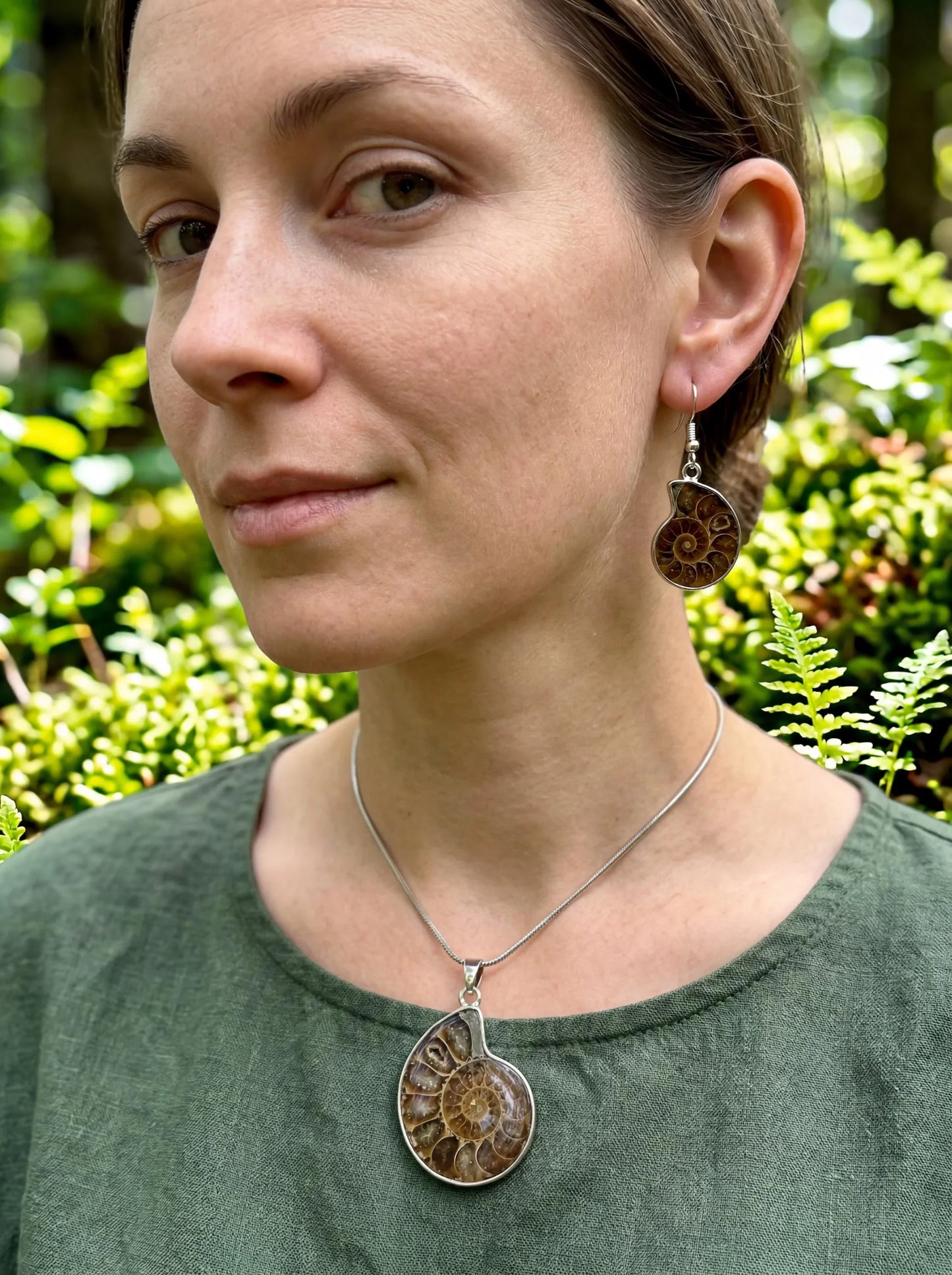 Ammonite Fossil Jewelry Set Necklace & Earrings, Natural Shell Pendant Set, Boho Earthy Jewelry, Spiral Fossil Gift