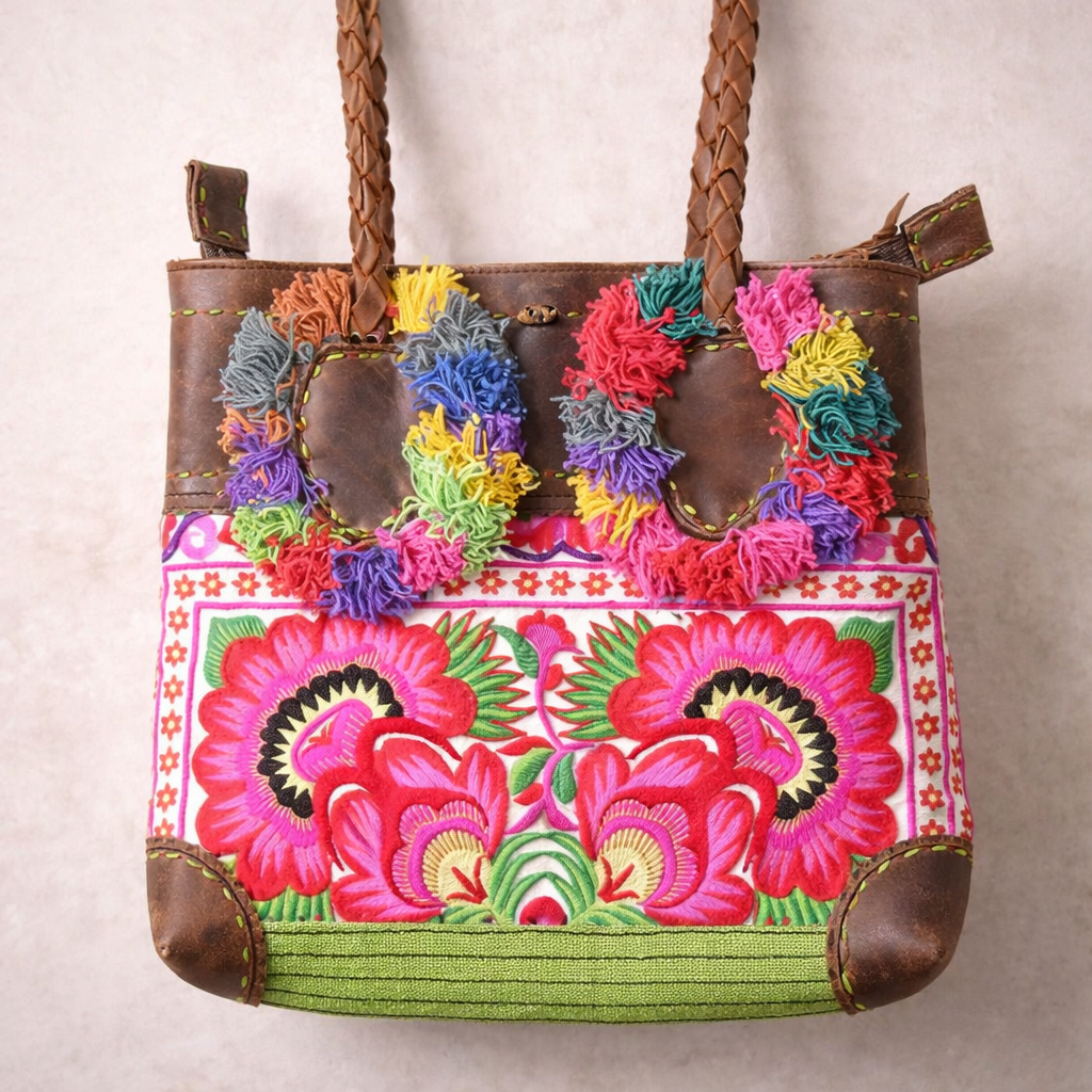 Bonita Embroidered Leather Pompom Bag — Handmade in Thailand