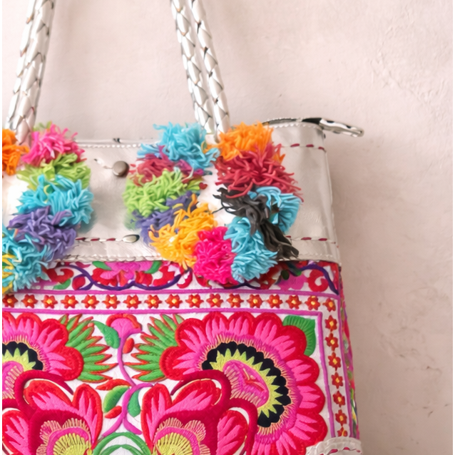 Bonita Embroidered Leather Pompom Bag — Handmade in Thailand