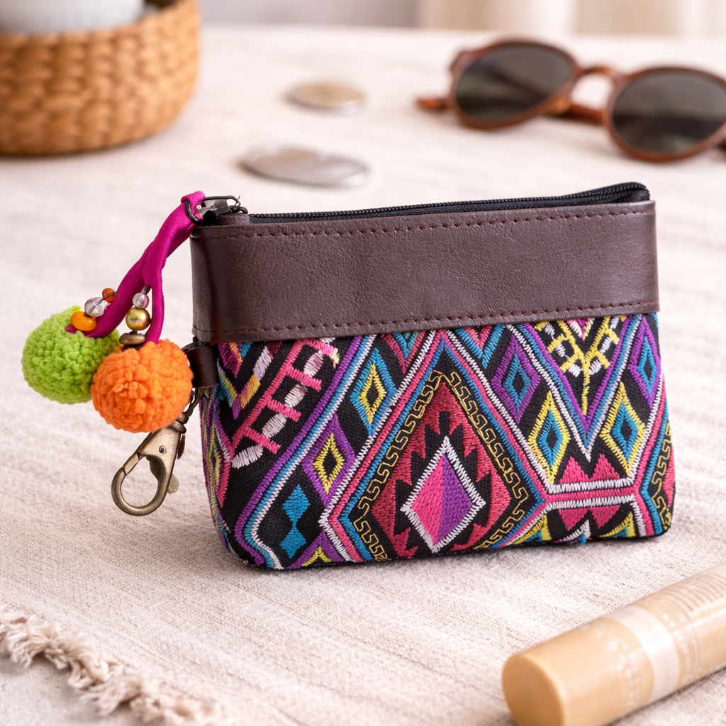 Embroidered Coin Purse Leather Trim Boho Zip Pouch Keychain Wallet Fair Trade - Thailand