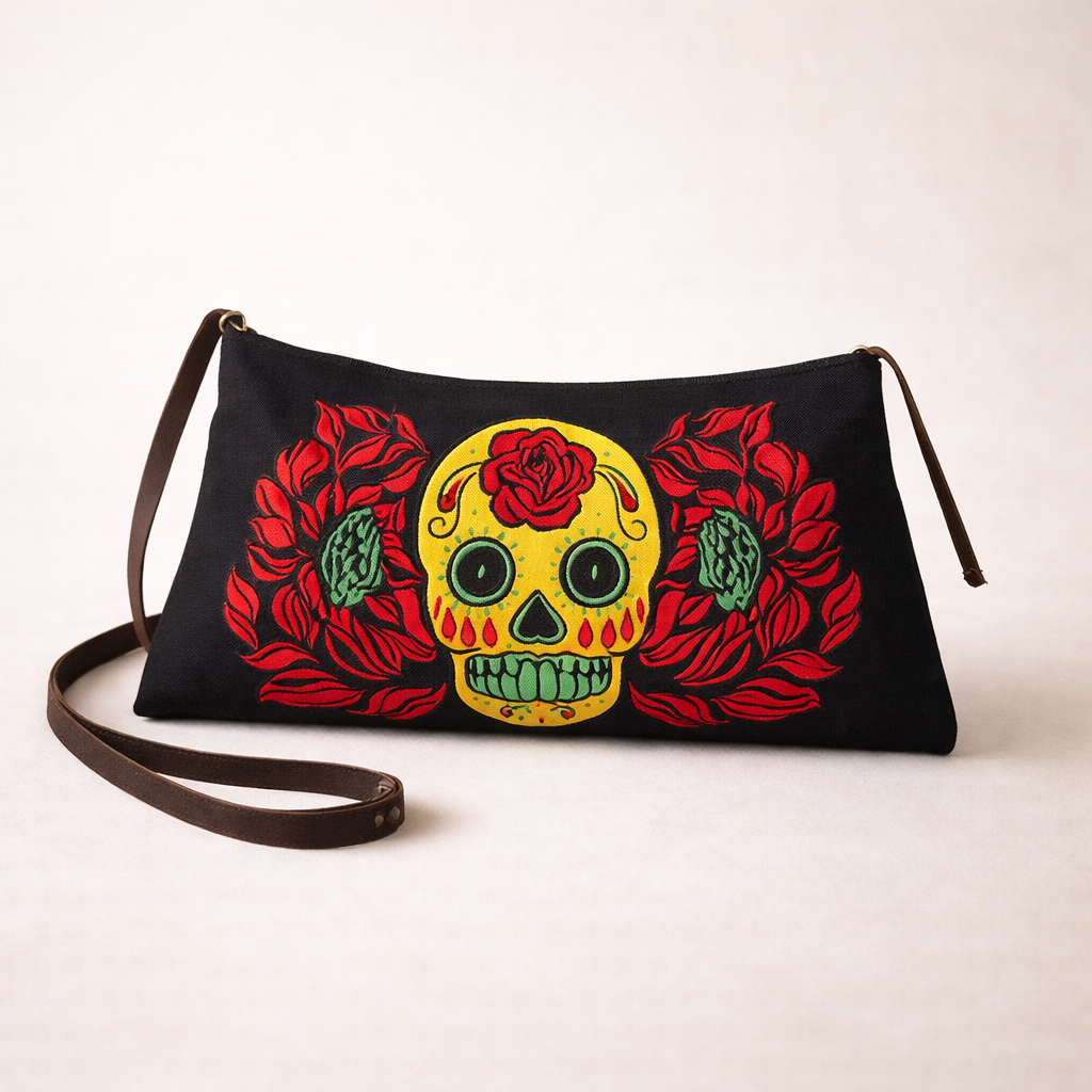 Culturas Sugar Skull Embroidered Crossbody Bag Boho Artisan Shoulder Bag Fair Trade - Thailand