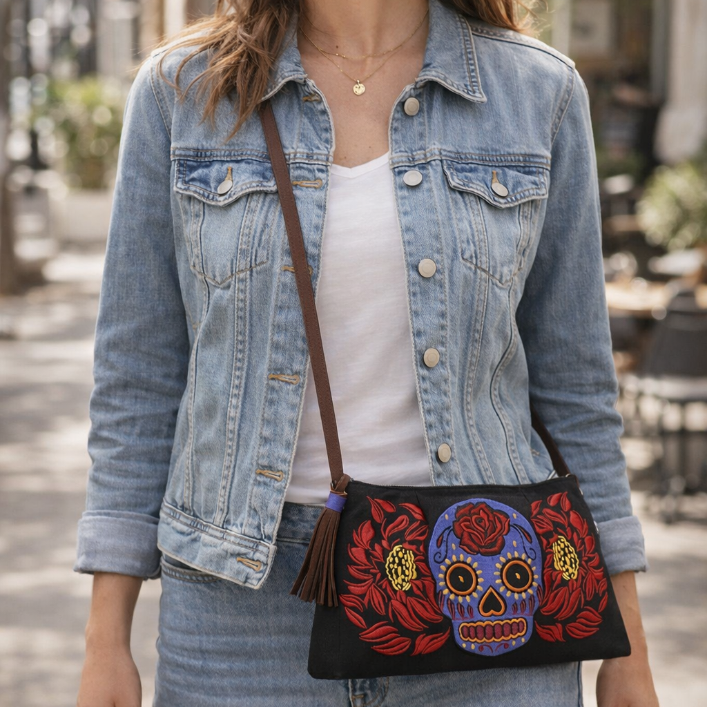 Culturas Sugar Skull Embroidered Crossbody Bag Boho Artisan Shoulder Bag Fair Trade - Thailand