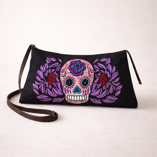 Culturas Sugar Skull Embroidered Crossbody Bag Boho Artisan Shoulder Bag Fair Trade - Thailand