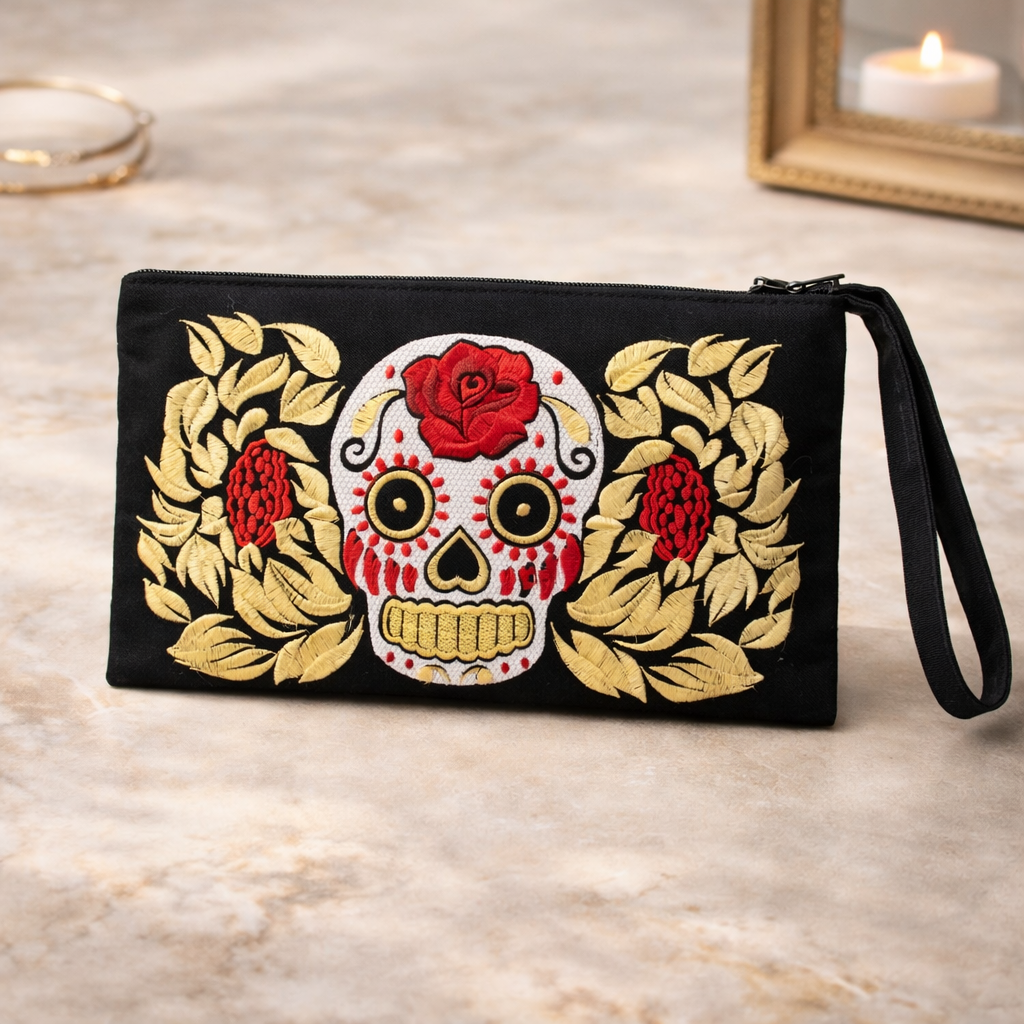 Sugar Skull Embroidered Wristlet Clutch Boho Day of the Dead Purse Fair Trade - Thailand