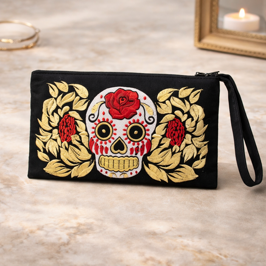 Sugar Skull Embroidered Wristlet Clutch Boho Day of the Dead Purse Fair Trade - Thailand