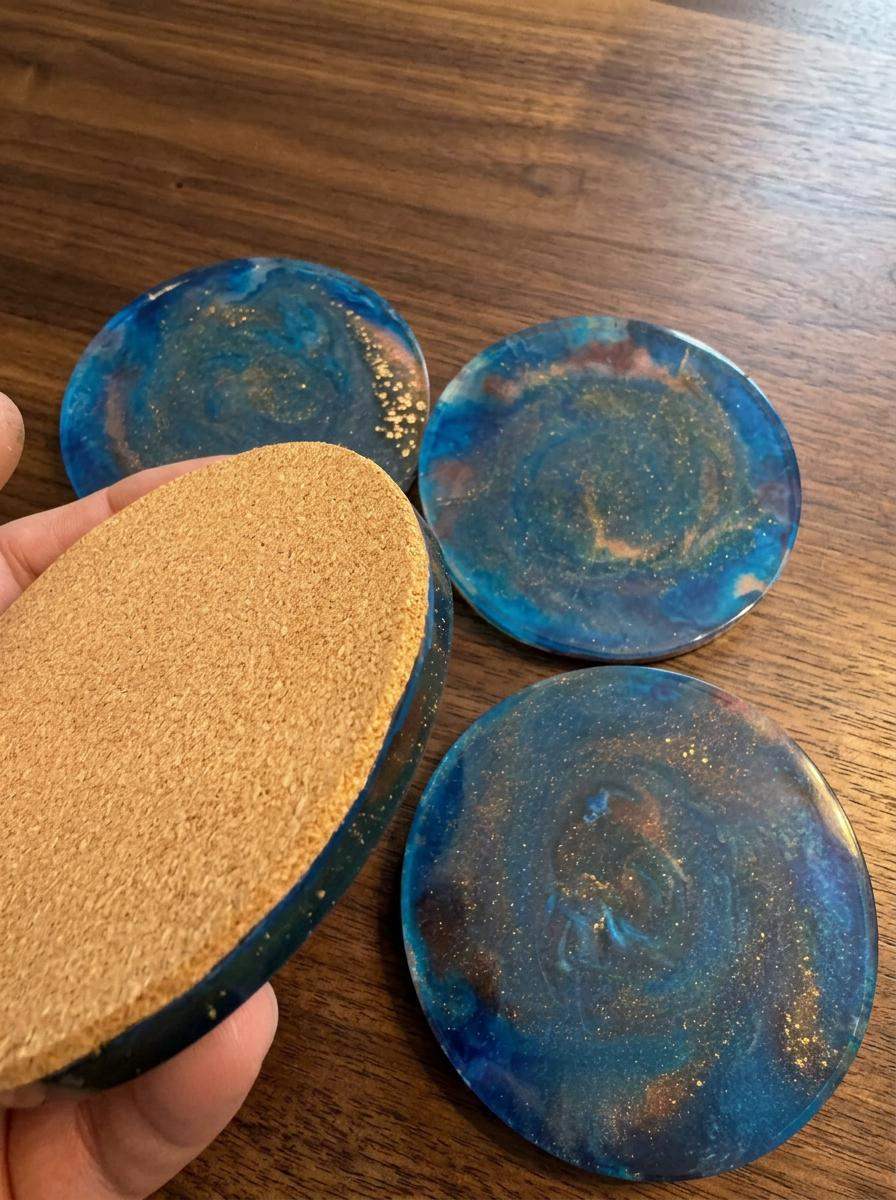 Blue Gold Resin Coasters With Holder | Cosmic Swirl Art | Sacred Geometry Drinkware