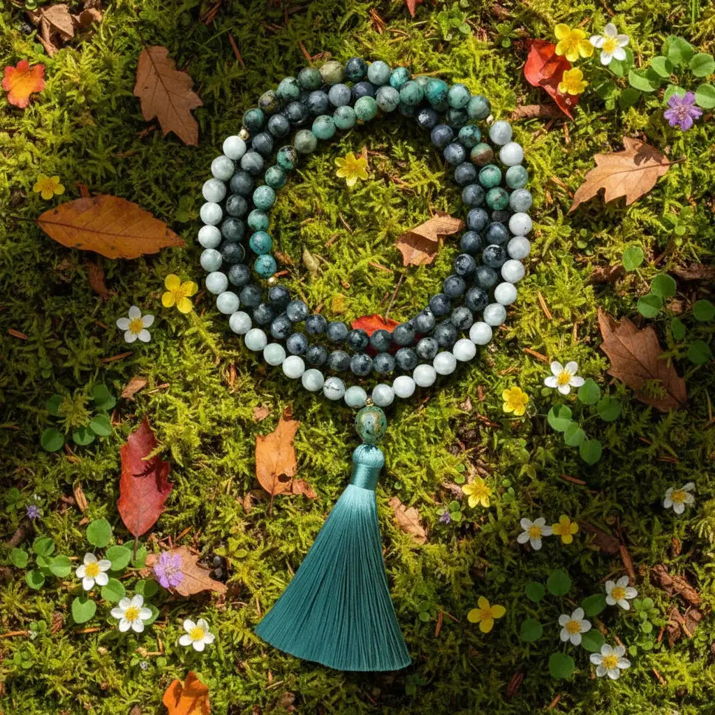 Lucky Jasper, African Turquoise, and Larvikite Mala Necklace: Knotted Mala Necklace
