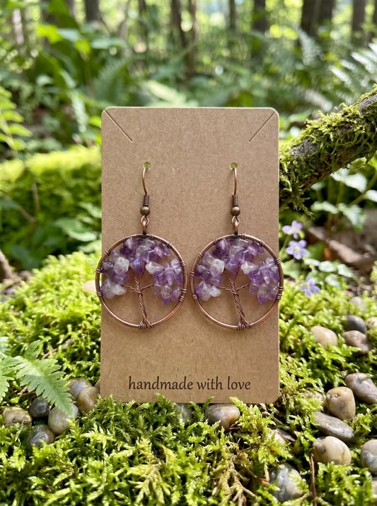 Wire Wrapped Tree of Life Earrings – Amethyst Boho Dangle Earrings – Handmade Crystal Jewelry Gift for Her