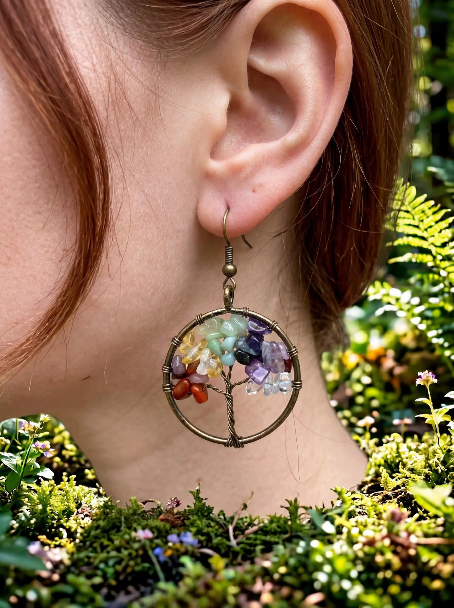 Wire Wrapped Tree of Life Earrings – Rainbow Tourmaline Boho Dangle Earrings – Handmade Colorful Crystal Jewelry Gift for Her