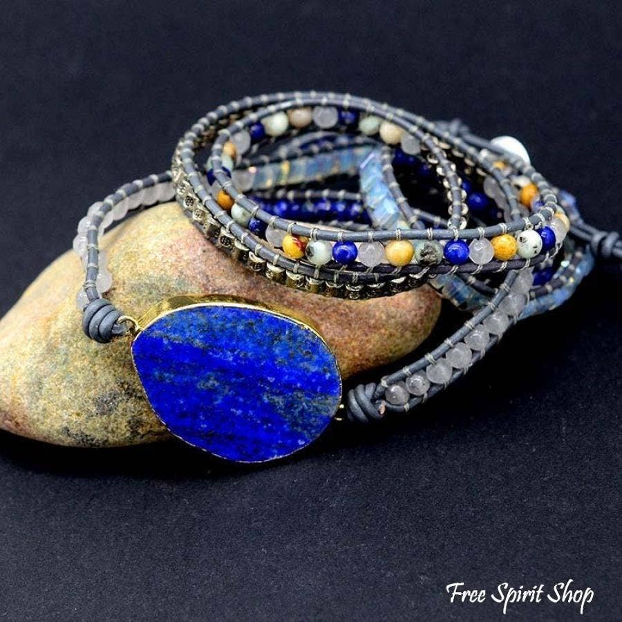 Lapis Lazuli Stone Leather Wrap Bracelet