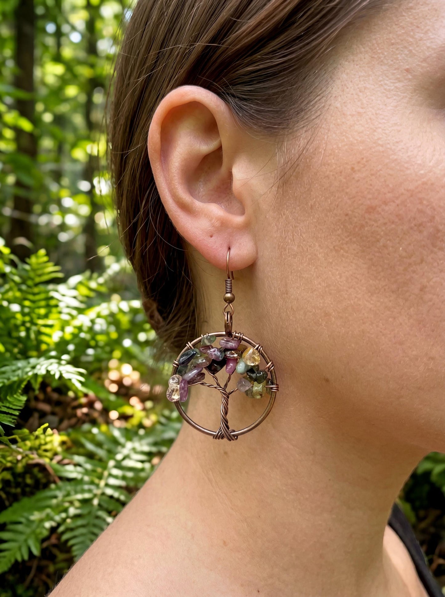 Wire Wrapped Tree of Life Earrings – Multicolor Tourmaline Boho Dangle Earrings – Handmade Crystal Jewelry Gift for Her