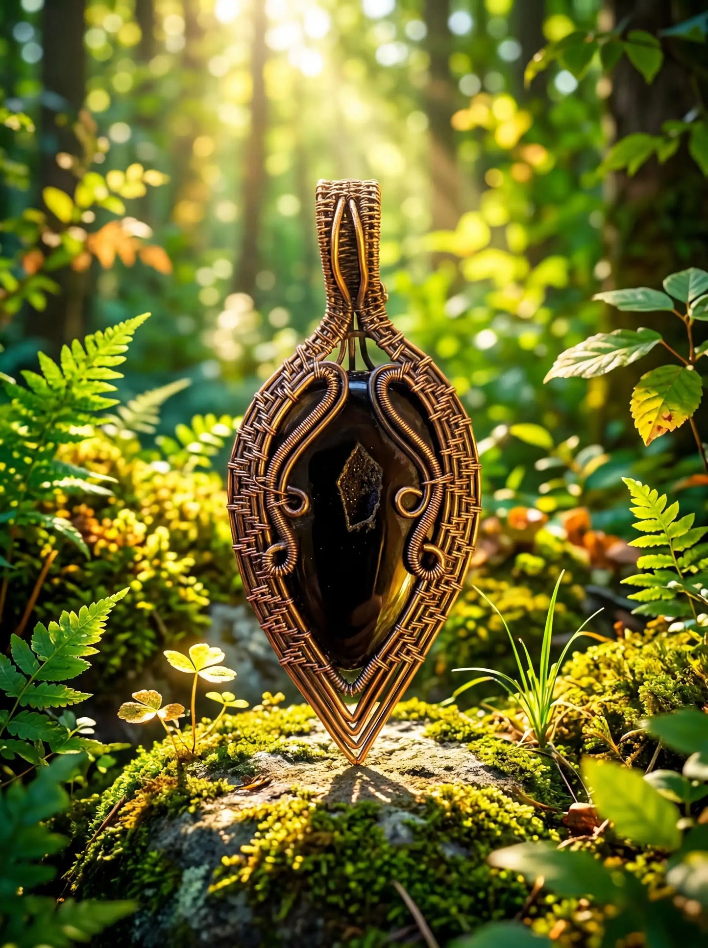 Heart of the Grove – Handwoven Copper & Black Stone Pendant, Nature Inspired Wire Wrapped Necklace