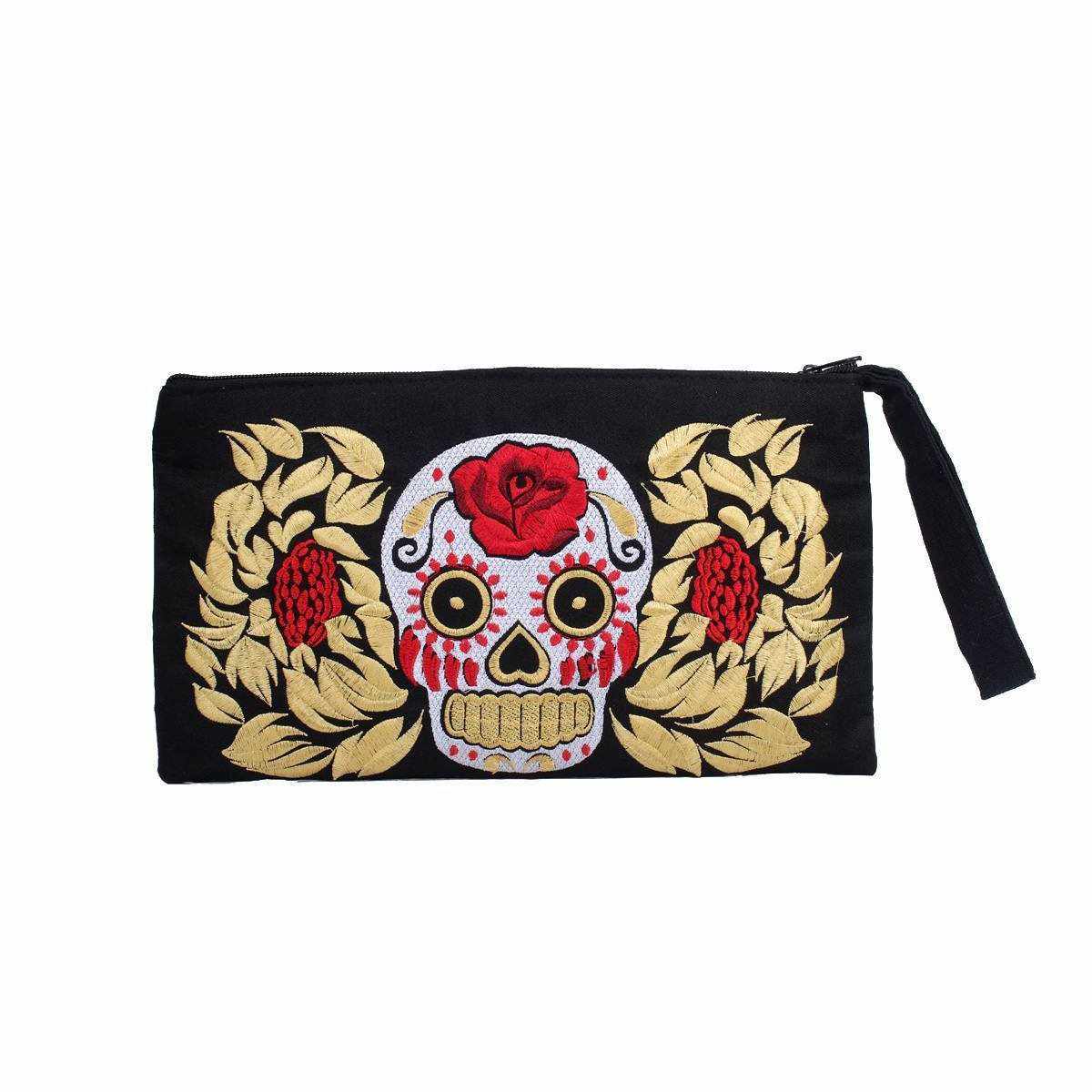 Sugar Skull Embroidered Wristlet Clutch Boho Day of the Dead Purse Fair Trade - Thailand