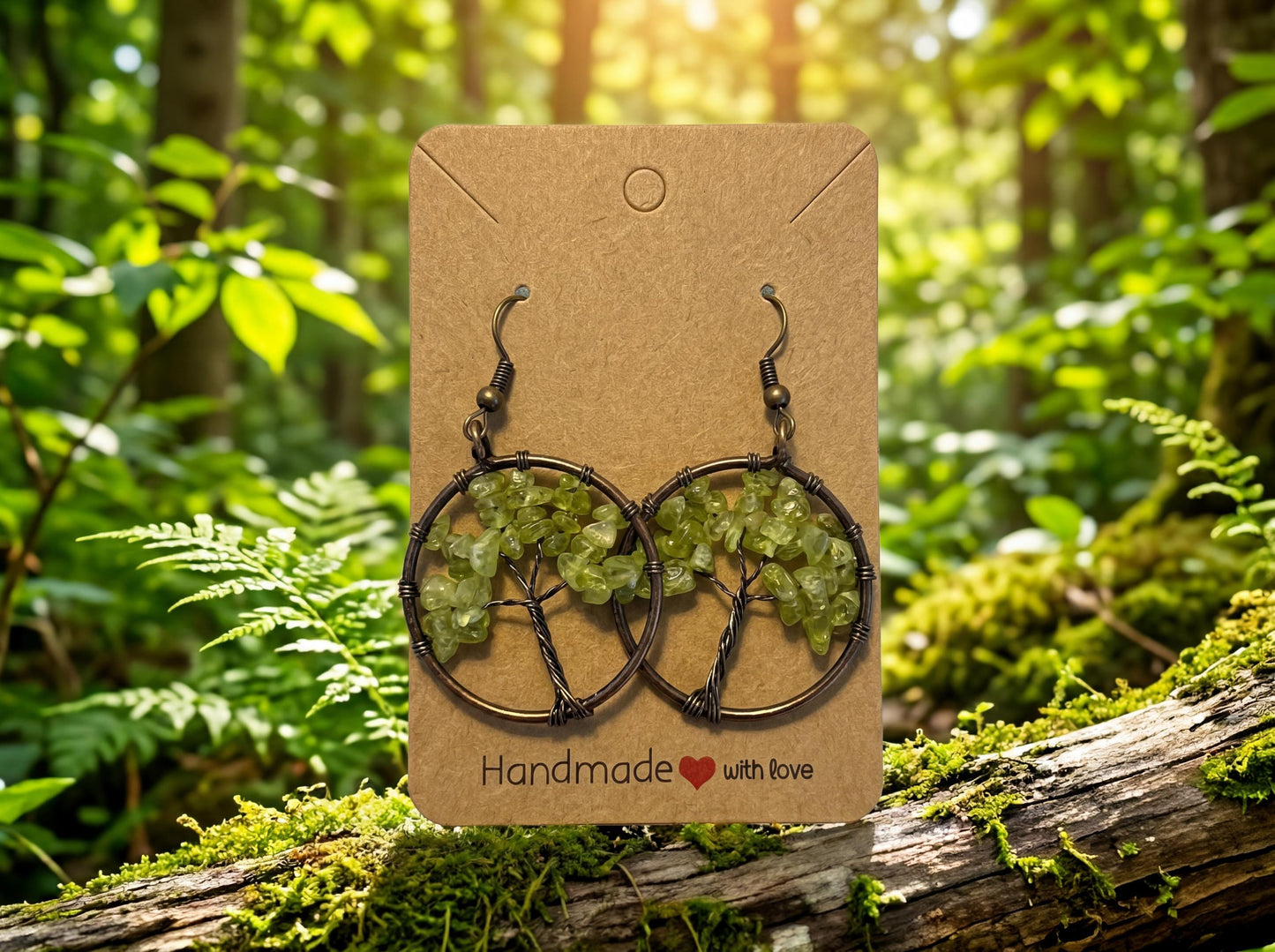 Wire Wrapped Tree of Life Earrings – Peridot Green Boho Dangle Earrings – Handmade Nature Jewelry Gift for Her