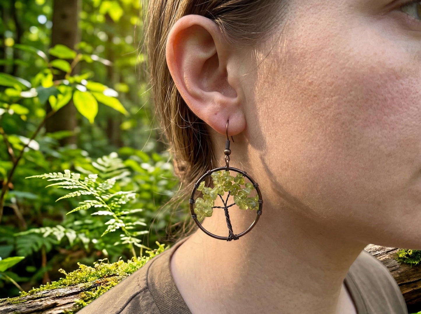 Wire Wrapped Tree of Life Earrings – Peridot Green Boho Dangle Earrings – Handmade Nature Jewelry Gift for Her