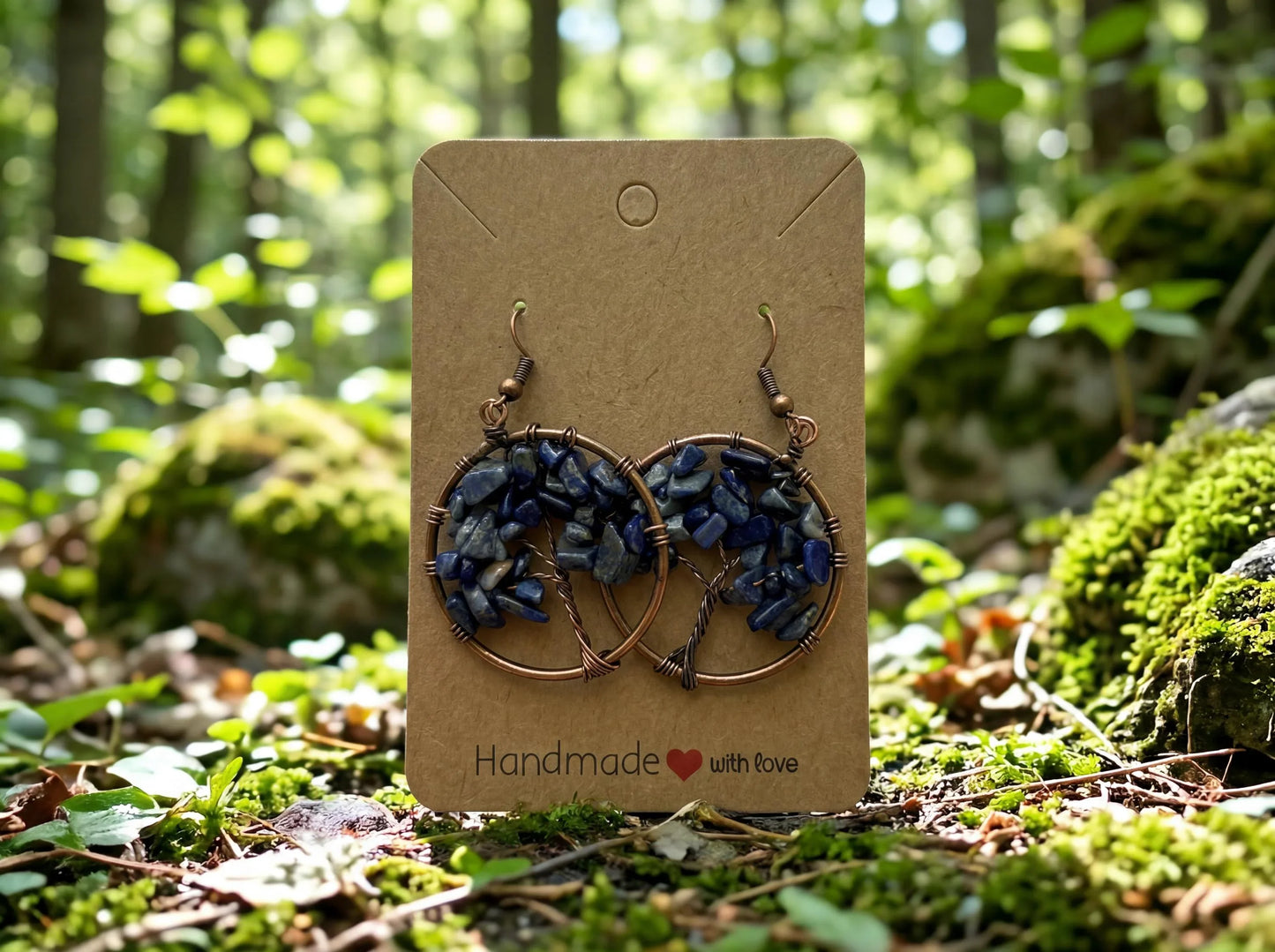 Wire Wrapped Tree of Life Earrings – Lapis Lazuli Boho Dangle Earrings – Handmade Crystal Jewelry Gift for Her