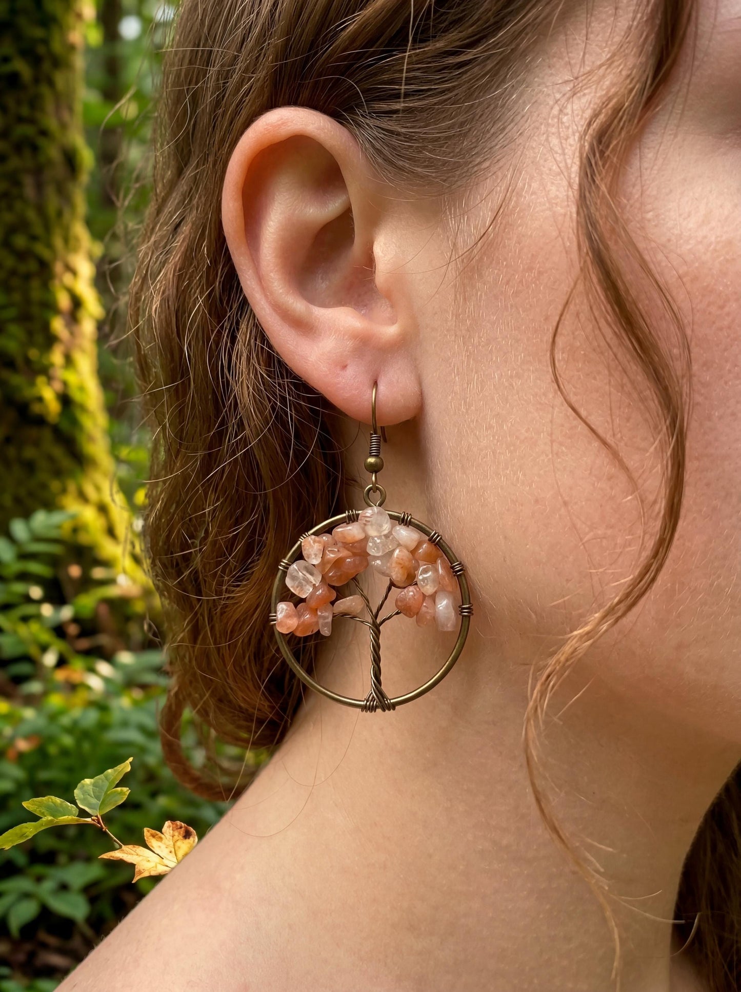 Wire Wrapped Tree of Life Earrings – Peach Sunstone Boho Dangle Earrings – Handmade Crystal Jewelry Gift for Her