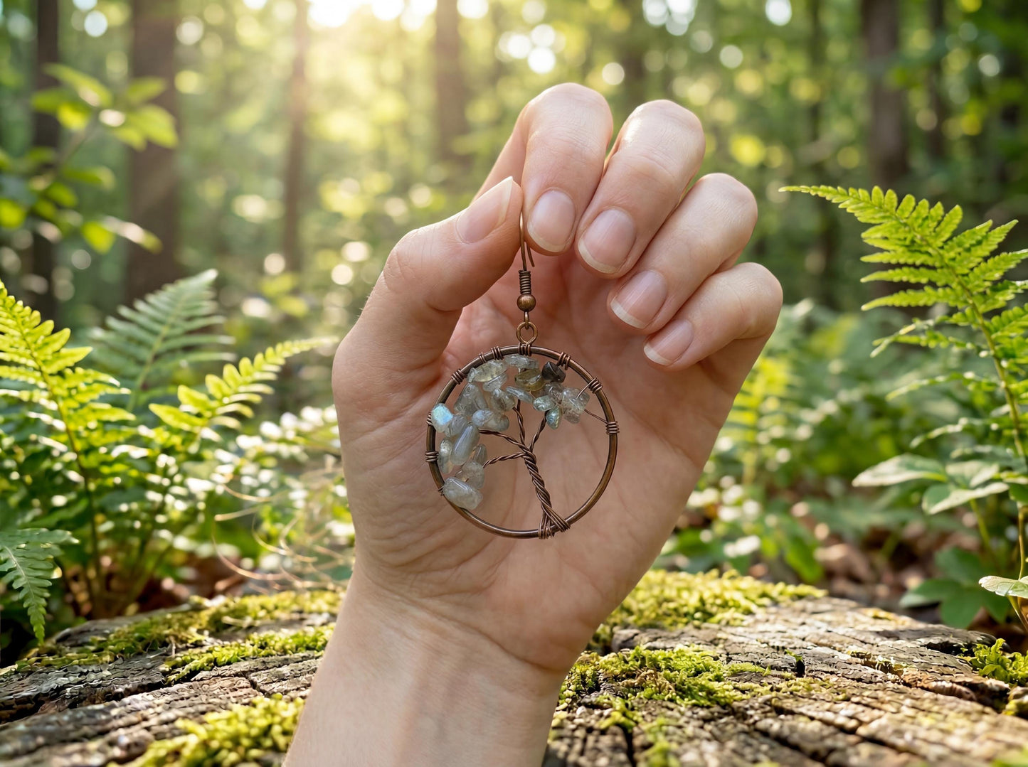 Wire Wrapped Tree of Life Earrings – Labradorite Boho Dangle Earrings – Handmade Crystal Jewelry Gift for Her
