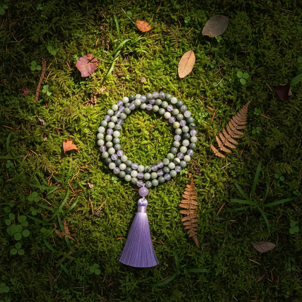 Labradorite  & Grey Agate Mala Bead Necklace: Knotted Mala Necklace