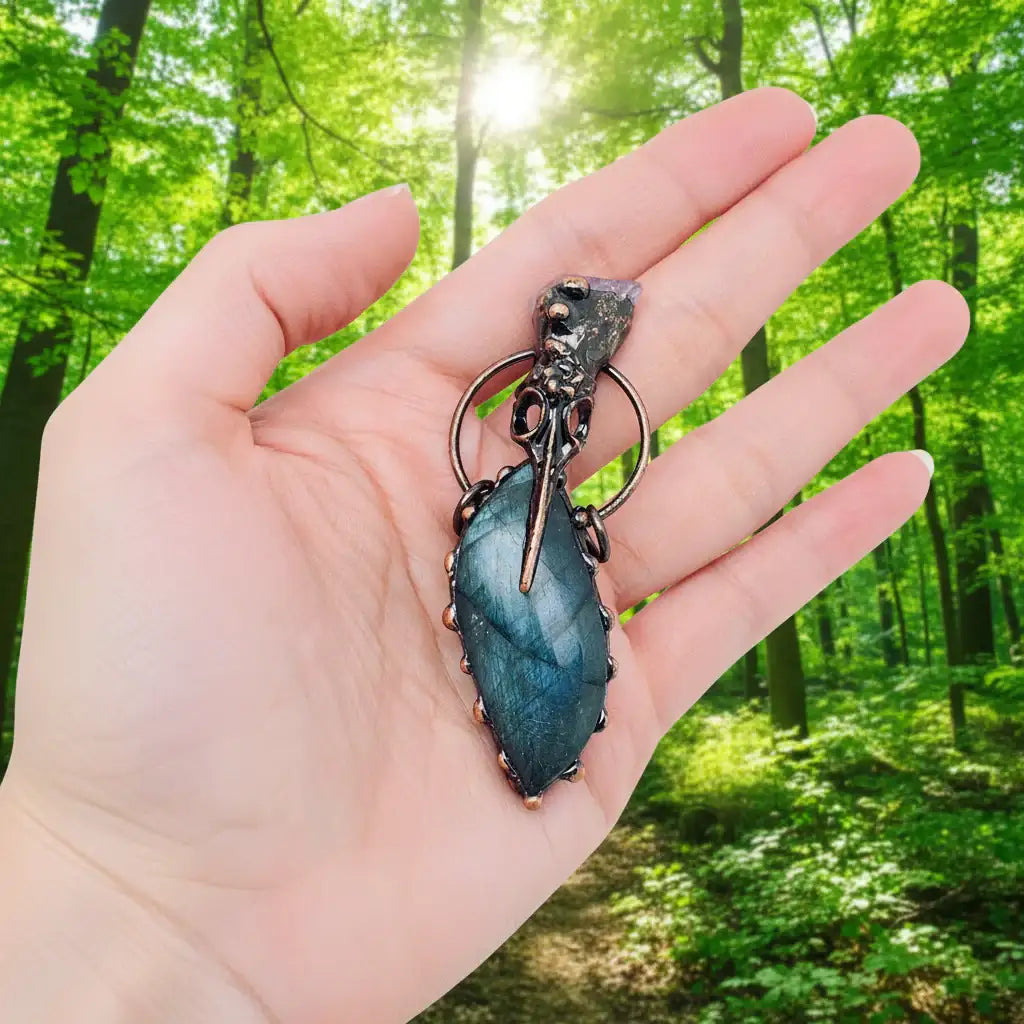 Inlaid Anemousite & Amethyst Crow Skull Craft Charm - CS