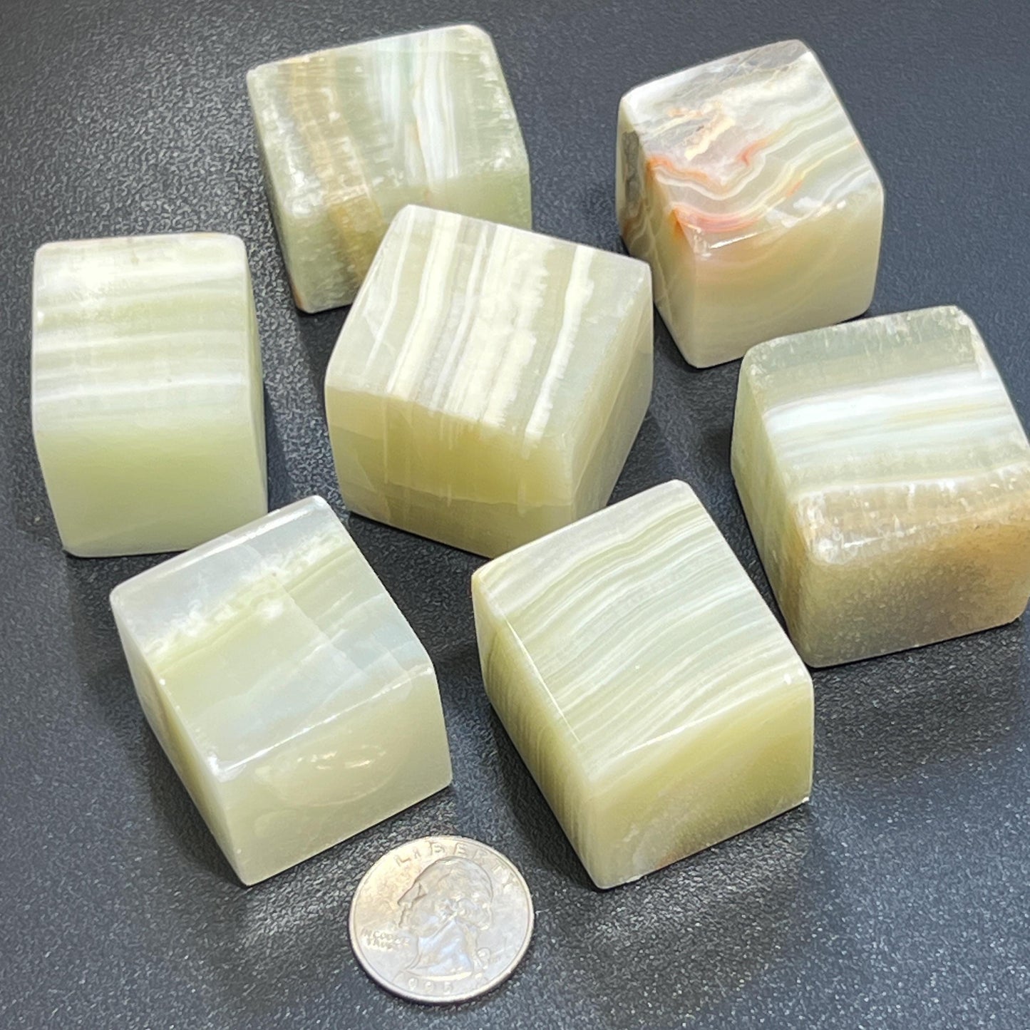 Green Banded Pistachio Calcite Crystal Cube Block Carving