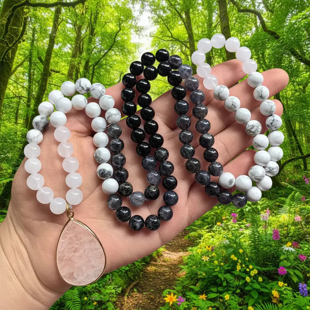 White Howlite Onyx Quartz Mala Necklace