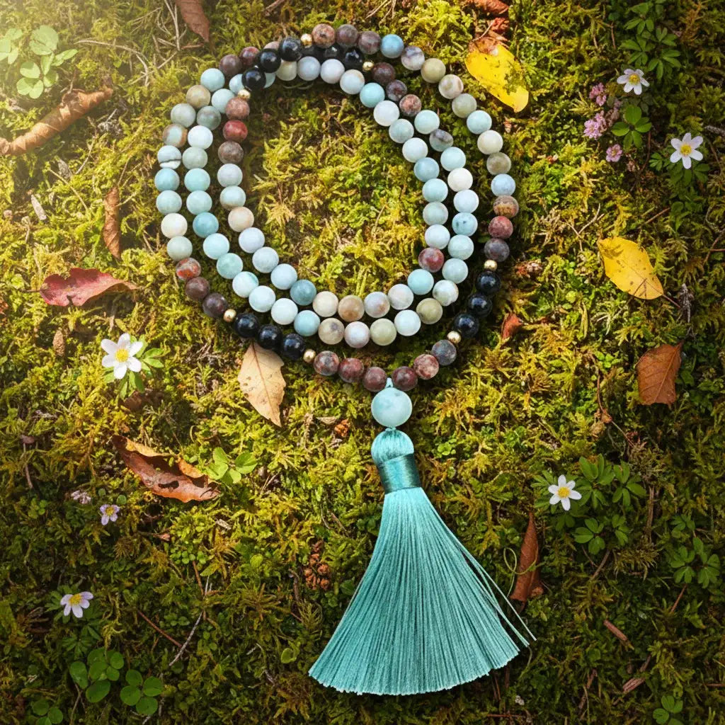 Amazonite Black Onyx Red Howlite Mala Necklace