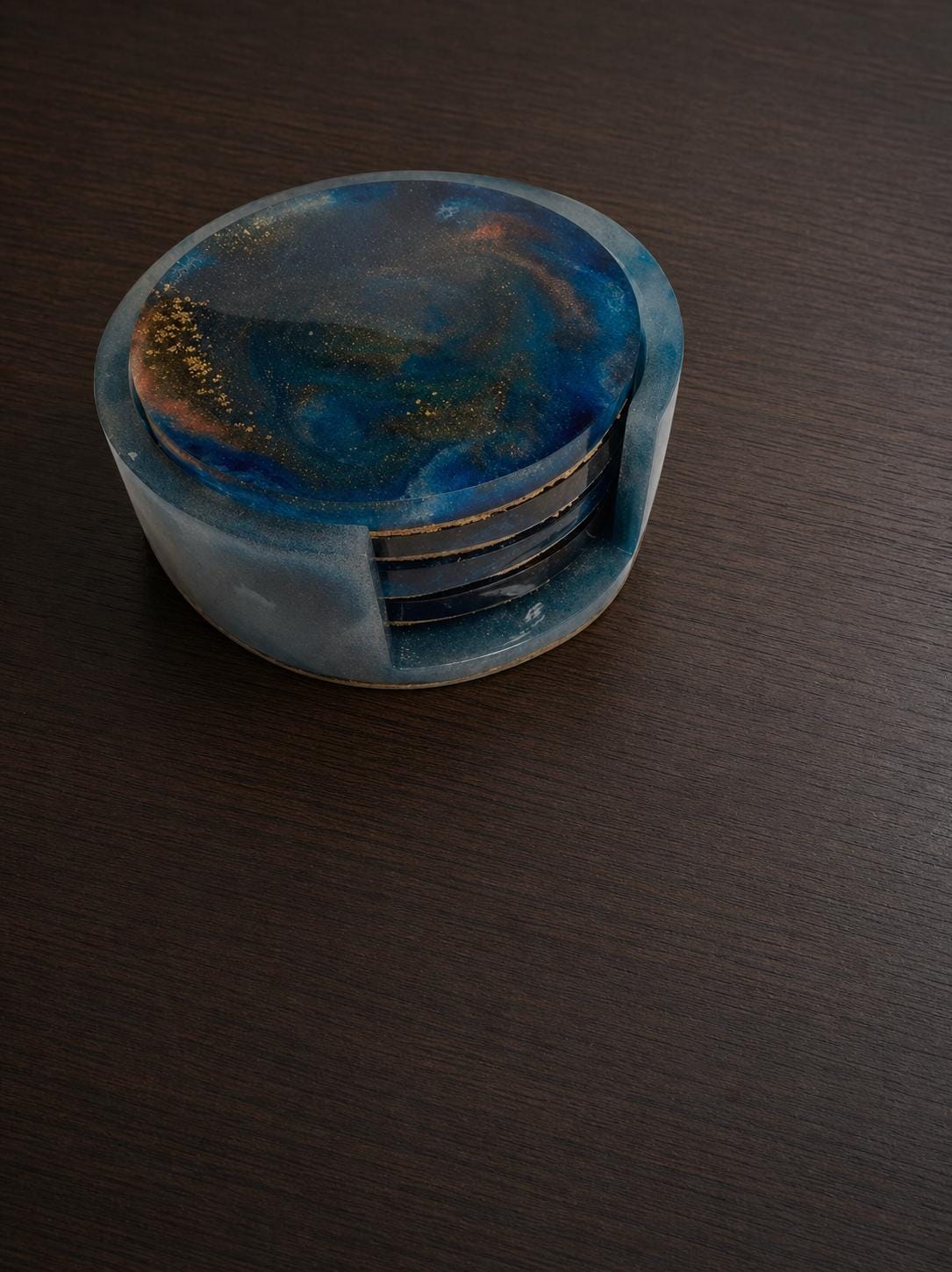 Blue Gold Resin Coasters With Holder | Cosmic Swirl Art | Sacred Geometry Drinkware