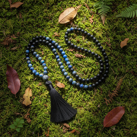 Lapis Lazuli, Black Onyx and Snowflake Obsidian Mala Bead Necklace: Knotted Mala Necklace