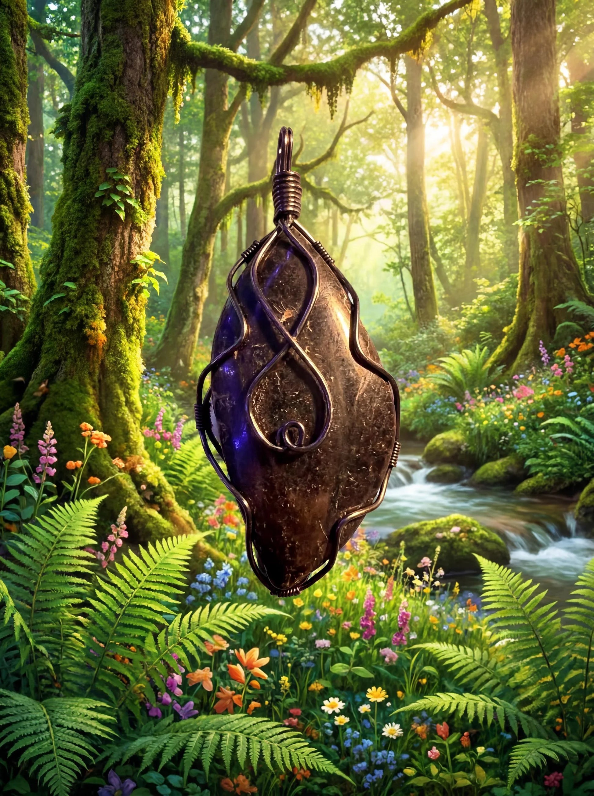 Handcrafted wire-wrapped pendant with purple resin, set against a sunlit forest with wildflowers and mossy trees.