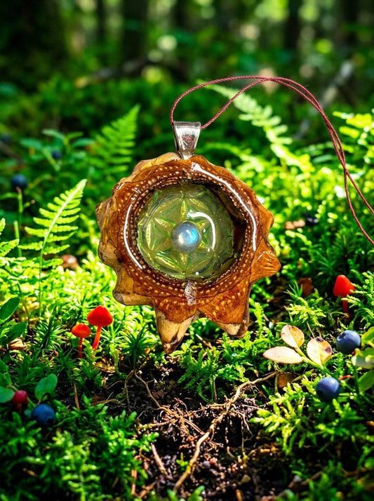 Green Flower of Life Pinecone Pendant with Labradorite Center