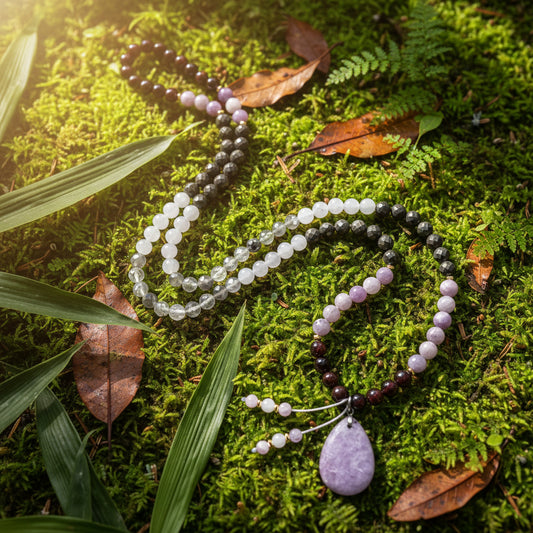 Lepidolite, Pyrite, Gray Crystal, Garnet Mala Bead Necklace: Knotted Mala Necklace