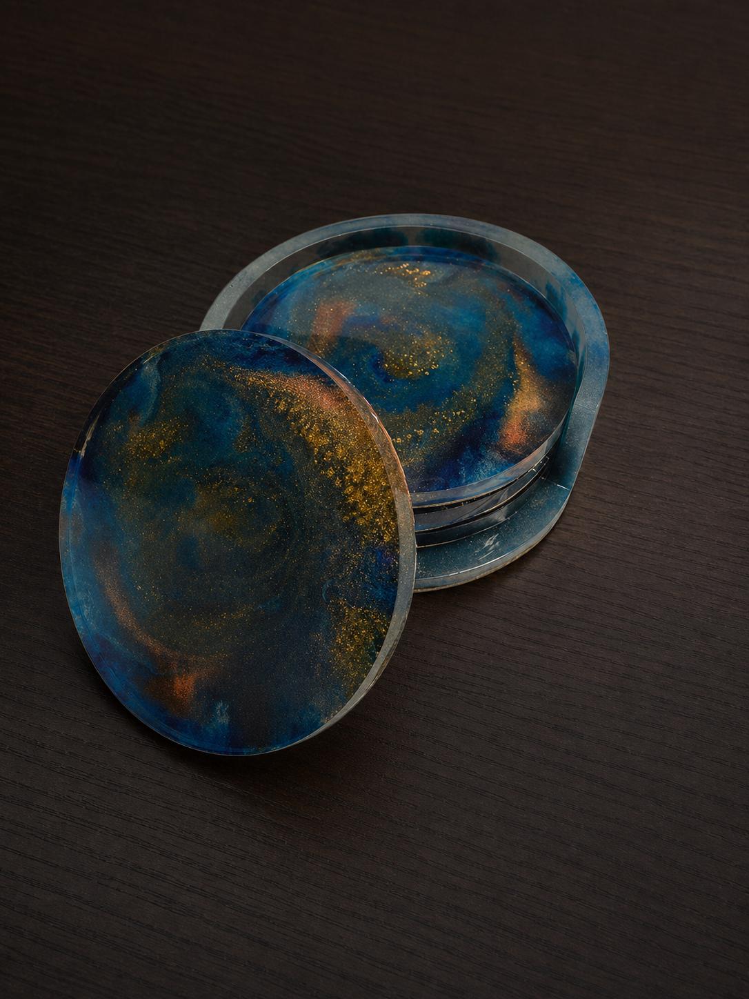 Blue Gold Resin Coasters With Holder | Cosmic Swirl Art | Sacred Geometry Drinkware