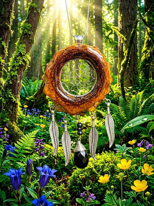 Dreamcatcher Pinecone Pendant with Feather Charms