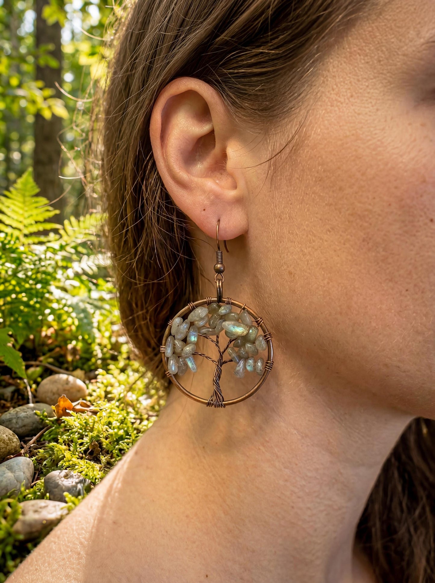 Wire Wrapped Tree of Life Earrings – Labradorite Boho Dangle Earrings – Handmade Crystal Jewelry Gift for Her