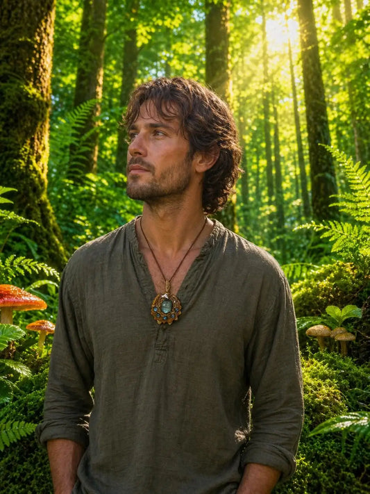 Man wearing rustic pendant necklace in sunlit forest, featuring wire-wrapped design and natural stone