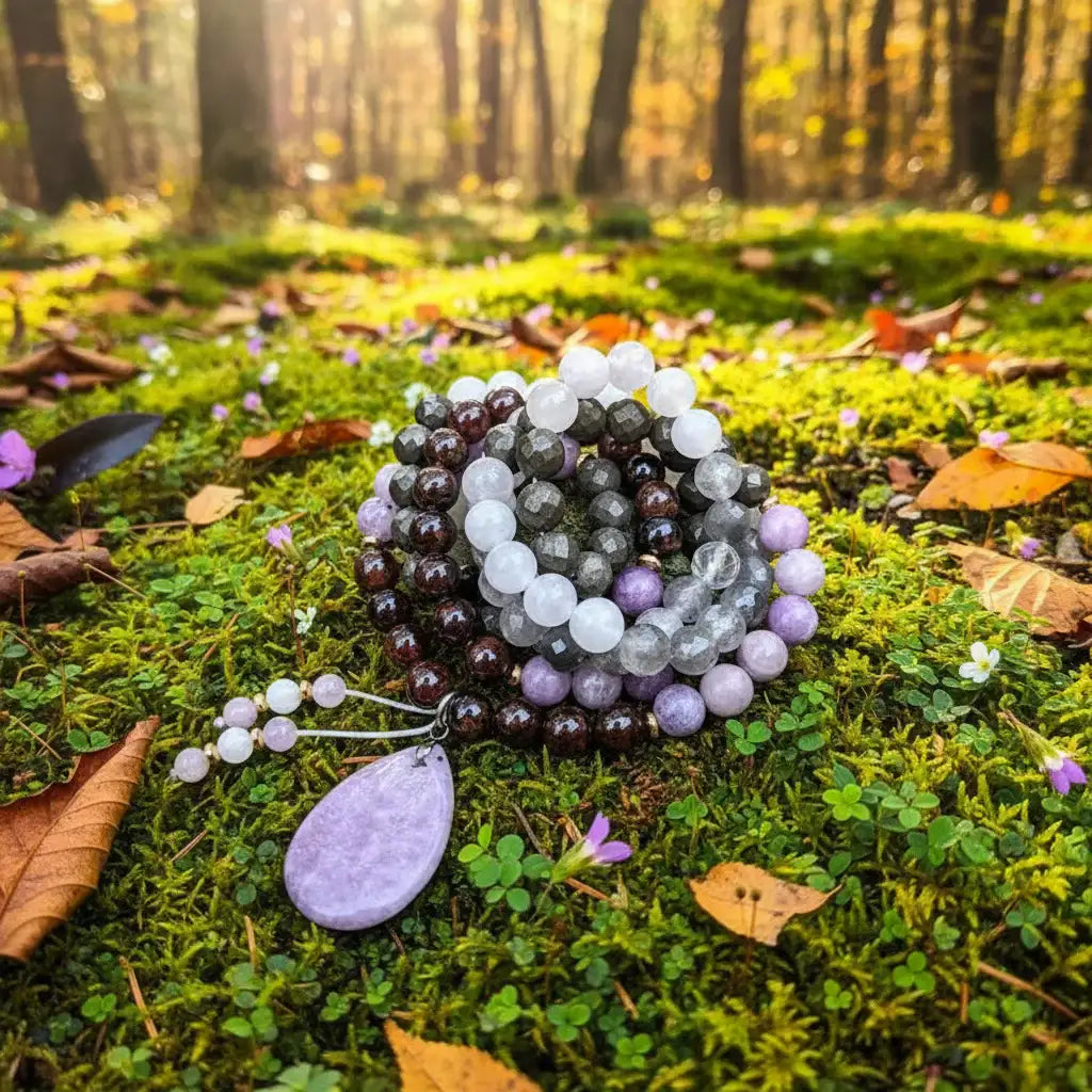 Lepidolite Pyrite Garnet Mala Necklace