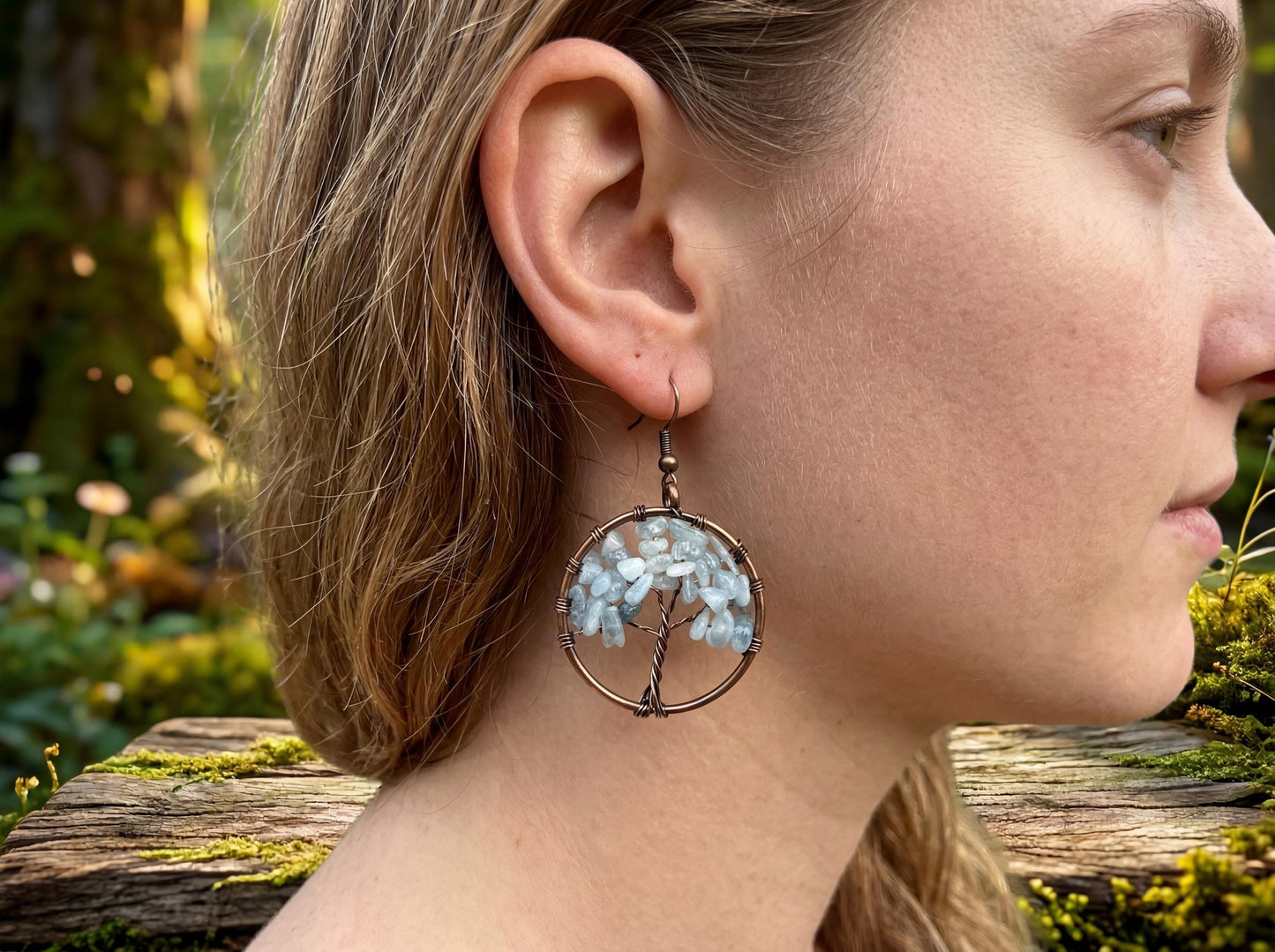 Wire Wrapped Tree of Life Earrings – Blue Aquamarine Boho Dangle Earrings – Handmade Crystal Jewelry Gift for Her